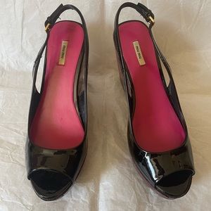 Miu Miu Wedge Sandals 36.5 Black Patent Slingback Wooden Cork